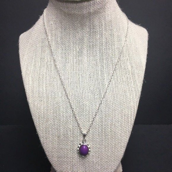 Domed Oval Pendant Necklace Delicate Silver Chain Purple Retro Soft Girl Classic - Picture 2 of 5